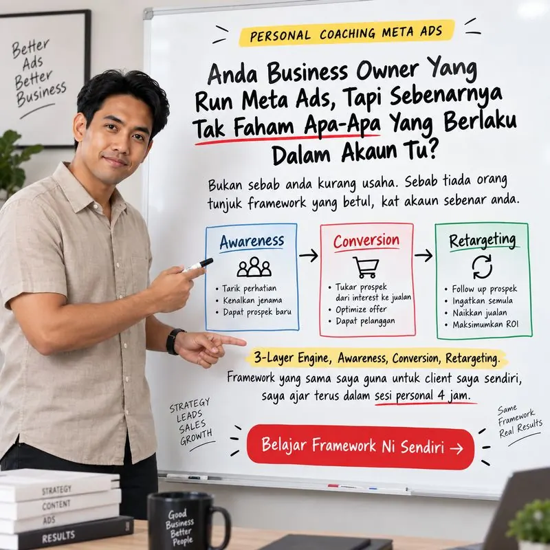 Creative Meta Ads jenis explain: framework 3-Layer Engine di whiteboard