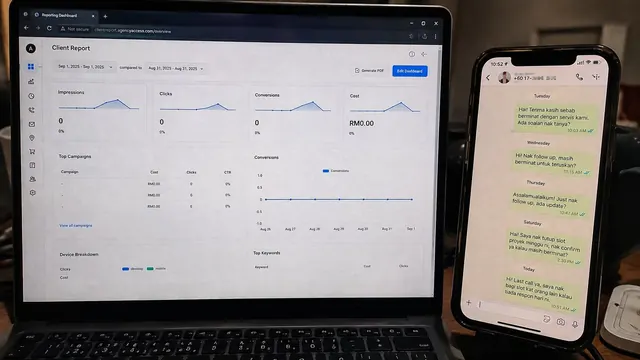 Dashboard Meta Ads di laptop dan lead WhatsApp di telefon